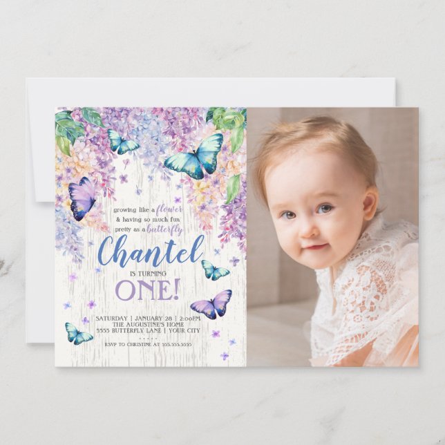 Lilacs and Butterfly | Photo Birthday Invitation (Front)