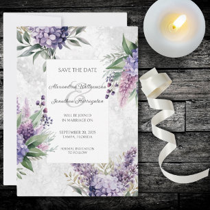 Lilacs and Heather on Marbled White Save the Date
