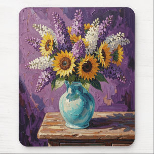 Lilacs and Sunflowers Botanical Design Mouse Pad