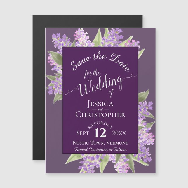 Lilacs & Calligraphy Purple Wedding Save the Date Magnetic Invitation (Front/Back)