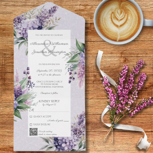 Lilacs & Heather on Lavender with QR Code  All In One Invitation