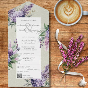 Lilacs & Heather on Sage Green with QR Code All In One Invitation