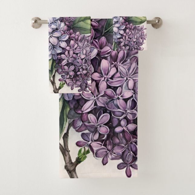 Lilacs Purple Lilac Bush Illustration              Bath Towel Set (Insitu)