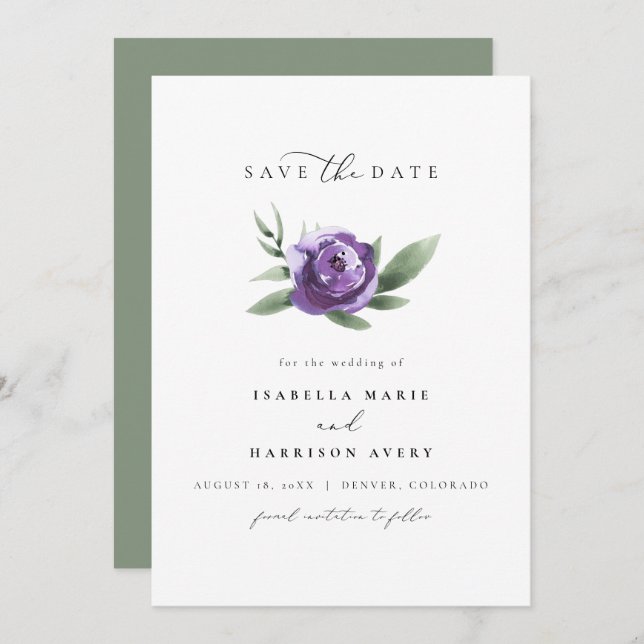 LILAH Elegant Purple Garden Floral Save the Date Invitation (Front/Back)