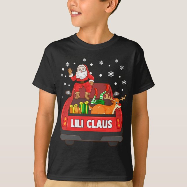 Lili Claus Red Truck Santa Reindeer Elf Christmas T-Shirt (Front)