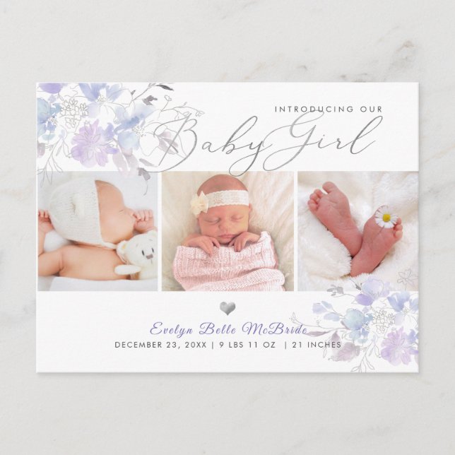 Liliac Dusty Blue Watercolor flowers, Girl Birth Postcard (Front)