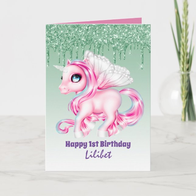 Lilibet 1st Birthday Cards - Princess Unicorns (Front)