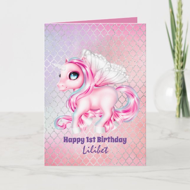 Lilibet 1st Birthday Cards - Princess Unicorns (Front)
