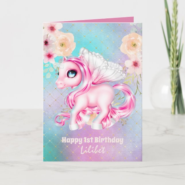 Lilibet 1st Birthday Cards - Princess Unicorns (Front)