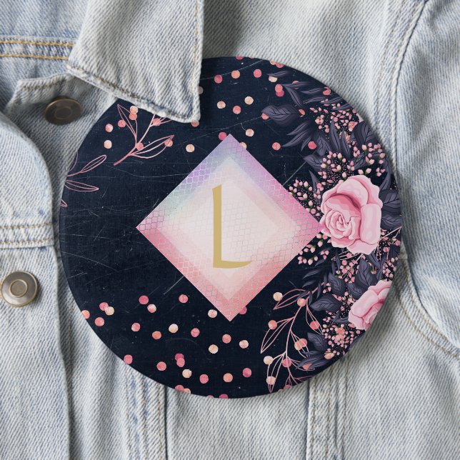 Lilibet Monogram Navy Rosegold Pink Princess Gifts 6 Cm Round Badge (In Situ)