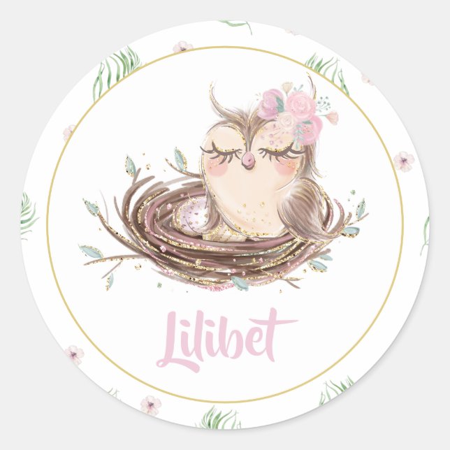Lilibet Owl Baby Girl Shower Classic Round Sticker (Front)