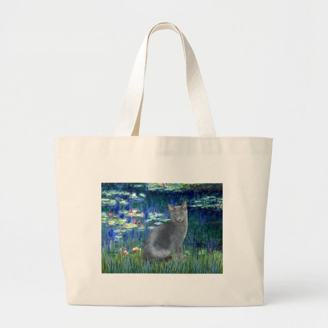 Lilies 5 - Russian Blue cat 2 Large Tote Bag (Front)