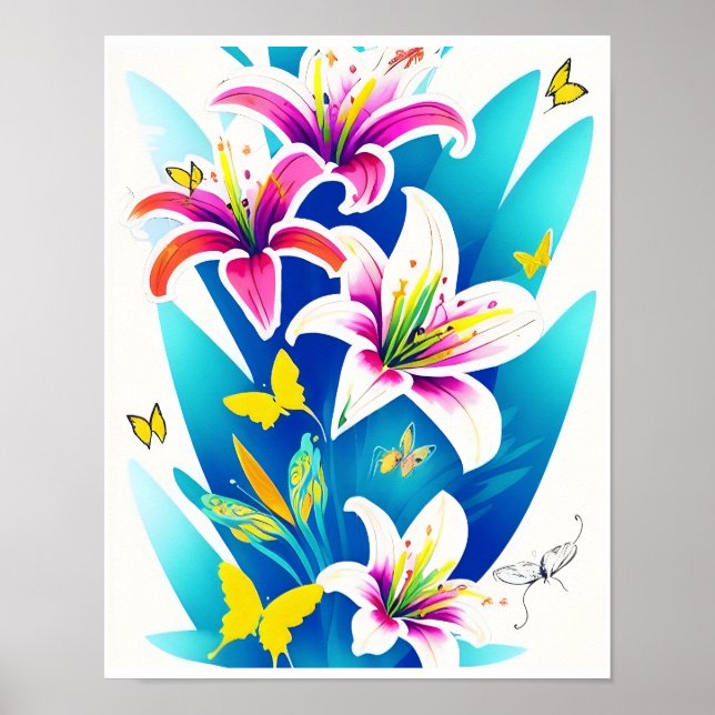 Lilies and Yellow Butterflies Poster (Front)