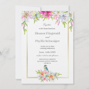 Lilies Bird Watercolor Wedding Invitation