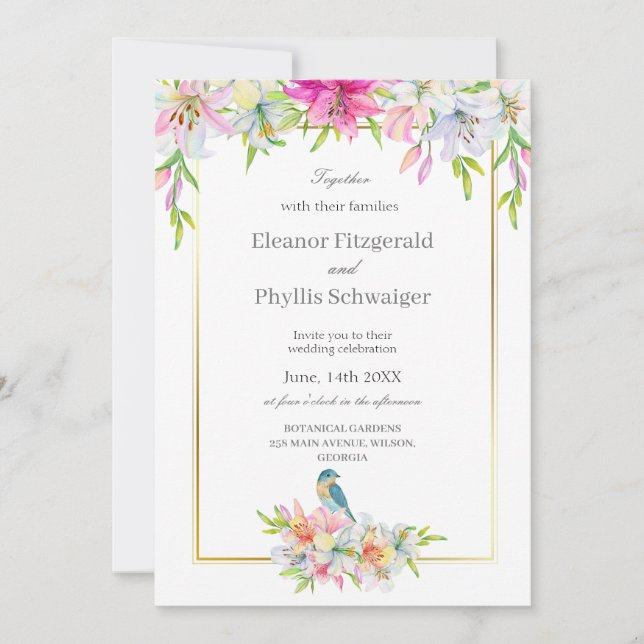 Lilies Bird Watercolor Wedding Invitation (Front)