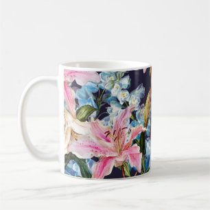 Lilies, delphiniums border: watercolor painting. coffee mug