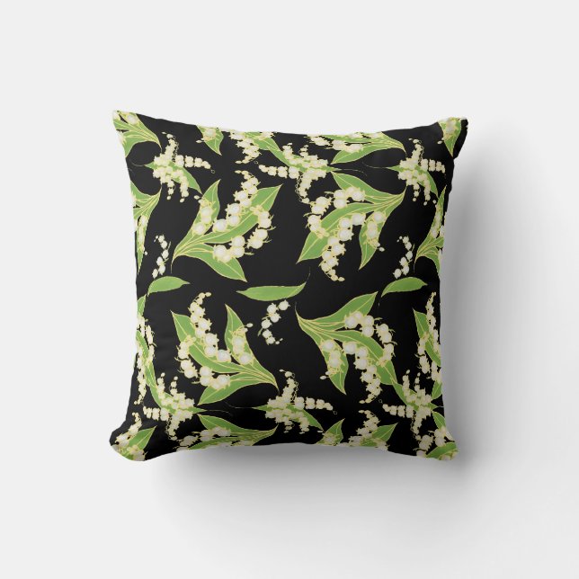 Lilies-of-the-Valley Floral Pattern on Black Cushion (Front)