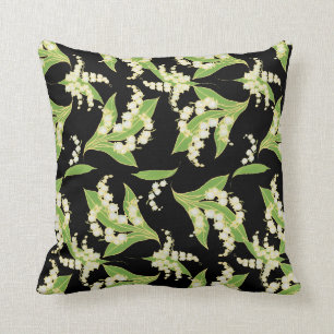 Lilies-of-the-Valley Floral Pattern on Black Cushion