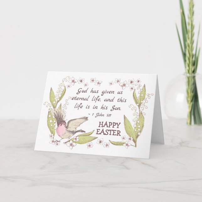 Lilies of the Valley Robin Bible Verse Easter Holiday Card (Front)
