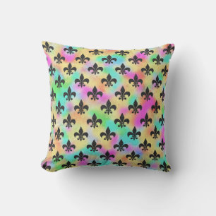 Lilies On Colourful 80s Colours Pattern Cushion
