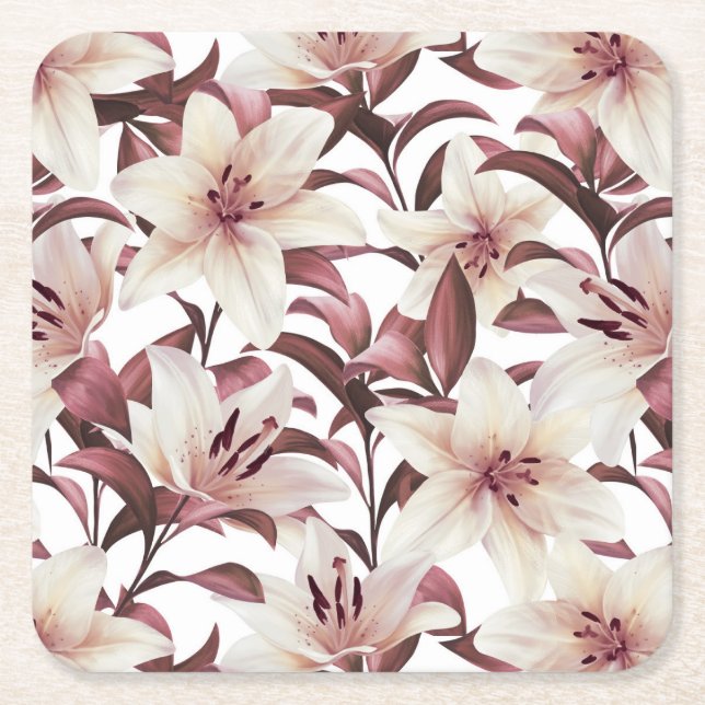 Lilies on white. Floral pattern Square Paper Coaster (Front)