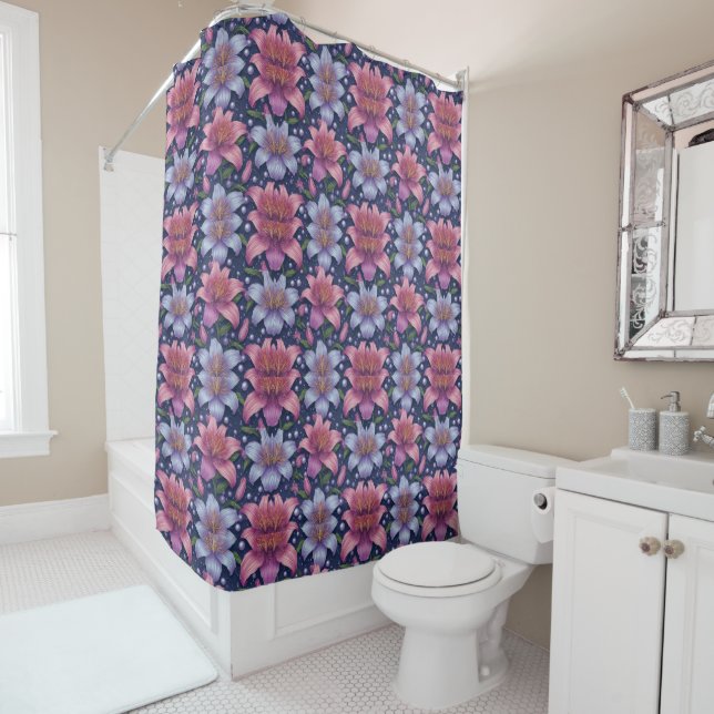 Lilies Pattern With Pink And Blue Flowers Shower Curtain (In Situ)