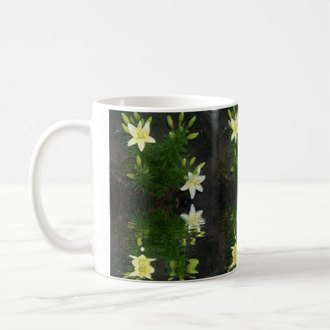 Lilies Reflected in Water on Dark Background Coffee Mug (Left)