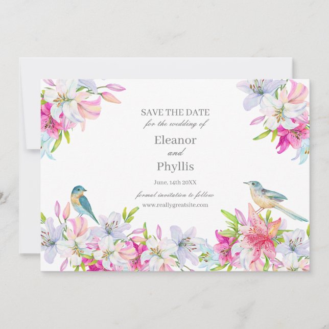 Lilies Watercolor Wedding Save the Date Invitation (Front)