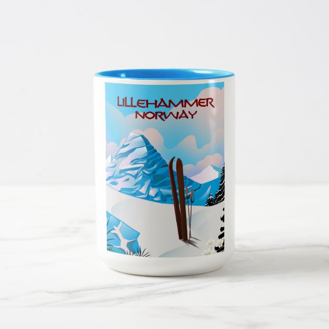 Lillehammer Norway Ski poster. Two-Tone Coffee Mug (Center)