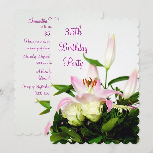 Lillies & Roses Bouquet 35th Birthday Invitation (Front/Back)