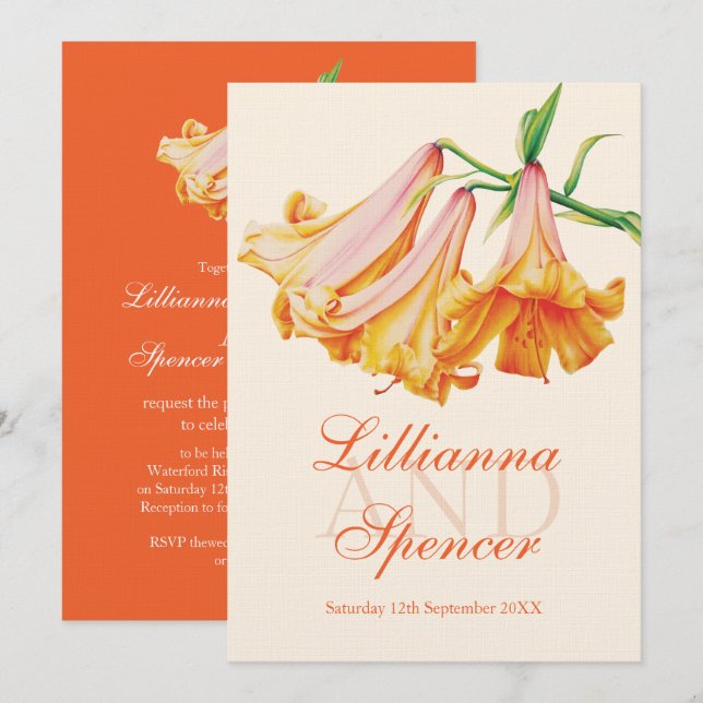 Lily bell flower art orange  cream wedding invitation (Front/Back)