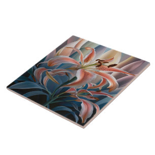 Lily Blooming Among Colourful Leaves at Dusk Ceramic Tile