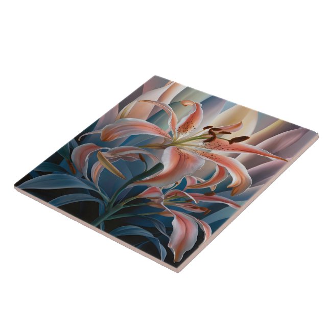 Lily Blooming Among Colourful Leaves at Dusk Ceramic Tile (Side)