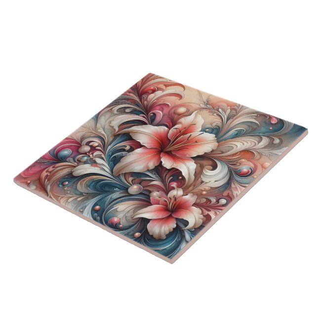 Lily Blossoms Amid Swirling Patterns Ceramic Tile (Side)
