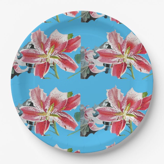 Lily blue lillies Floral flowers Party Paper Plate (Front)