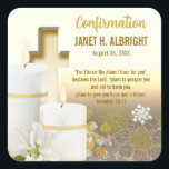 Lily Candle Cross Square Sticker<br><div class="desc">White Lily with Lit Candles and Cross.</div>