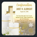 Lily Candle Cross Square Sticker<br><div class="desc">White Lily with Lit Candles and Cross.</div>