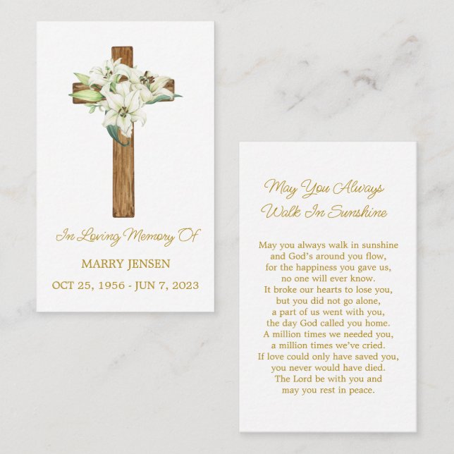 Lily Cross Memorial Funeral Prayer Card (Front/Back)