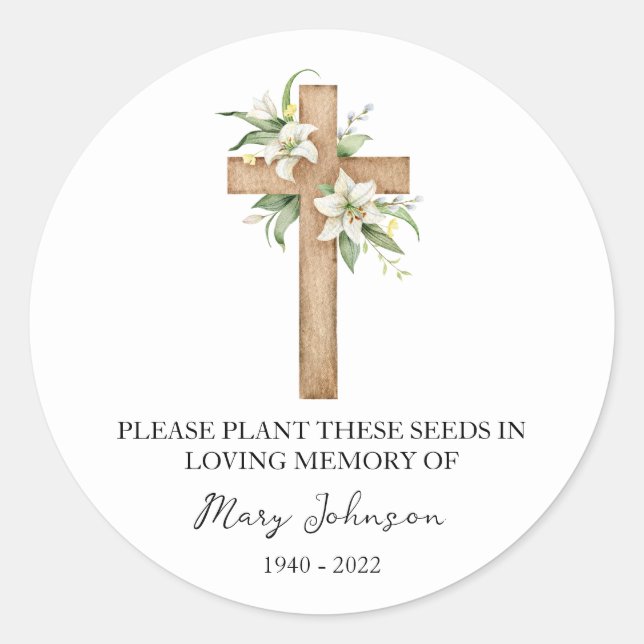 Lily & Cross Memorial Funeral Seed Packet Classic Round Sticker (Front)