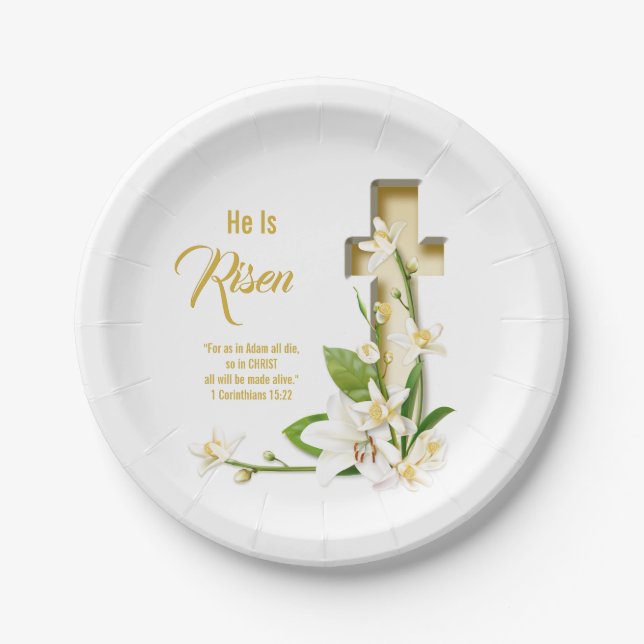Lily Cross Scripture He Is Risen Paper Plate (Front)