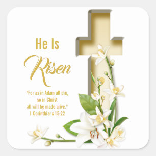 Lily Cross Scripture He Is Risen Square Sticker