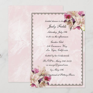 Lily Floral Pink Marble Wedding Bridal Shower Invitation
