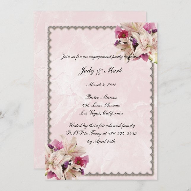 Lily Floral Pink Marble Wedding Engagement Party Invitation (Front/Back)
