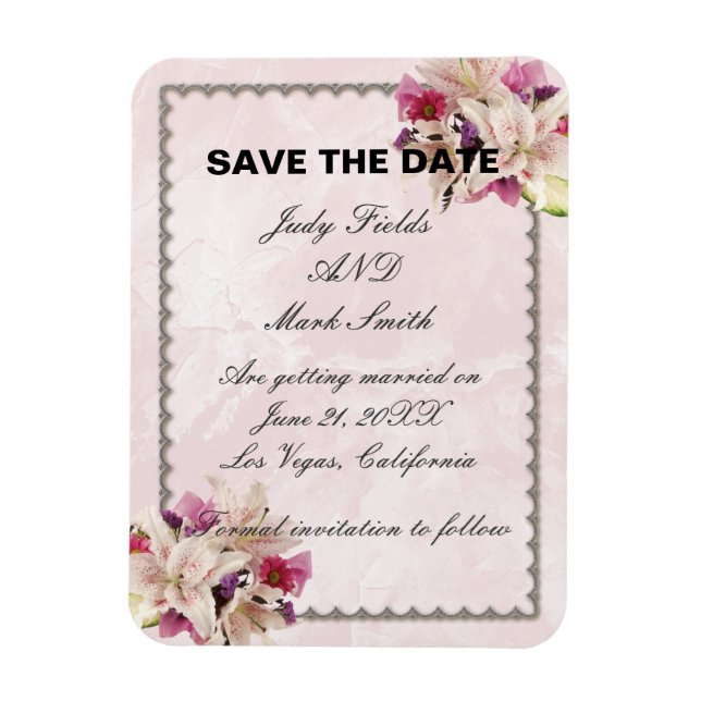 Lily Floral Pink Marble Wedding Save The Date Magnet (Vertical)