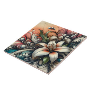Lily Flower Design With Colourful Abstract Pattern Ceramic Tile