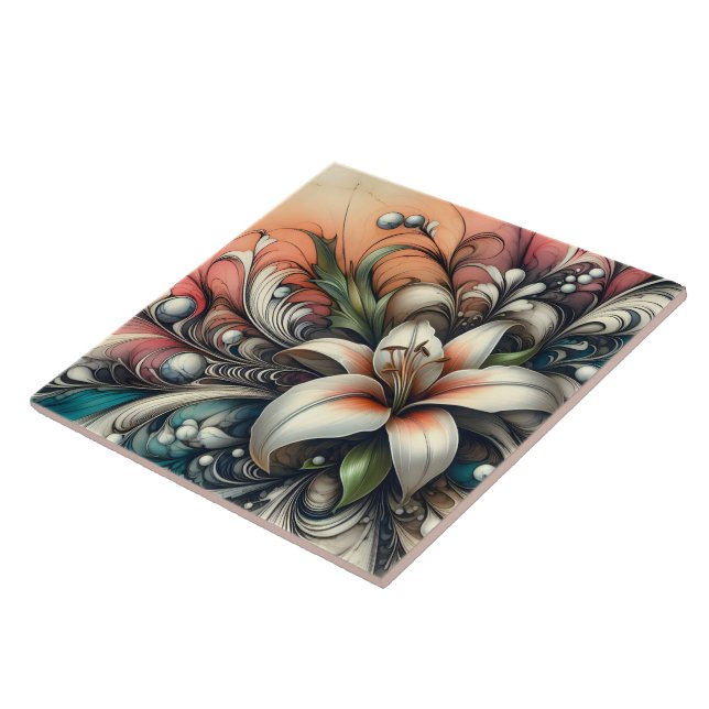 Lily Flower Design With Colourful Abstract Pattern Ceramic Tile (Side)