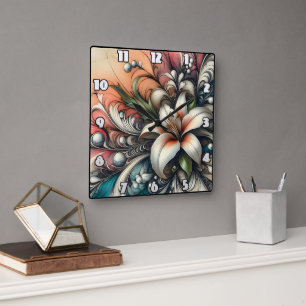 Lily Flower Design With Colourful Abstract Pattern Square Wall Clock