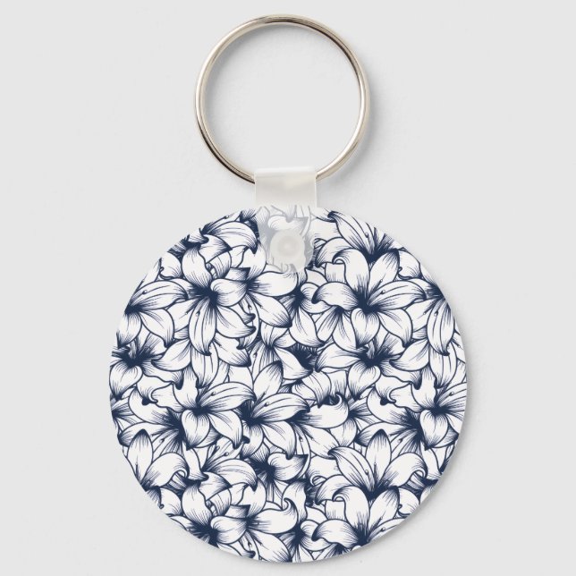 Lily Flower Ink Sketched Pattern Key Ring (Front)