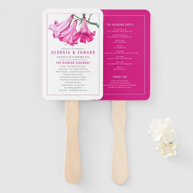 Lily flower pink art hand fan wedding program (Front and Back)