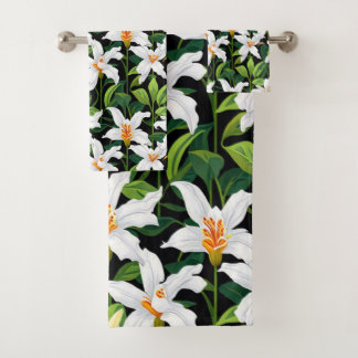 Lily flowers and leaves pattern design bath towel set